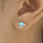 Vintage Inspired Blue Opal Flower CZ Stud Earrings, Lab Opal Halo CZ Earrings, Simulated Opal Earrings