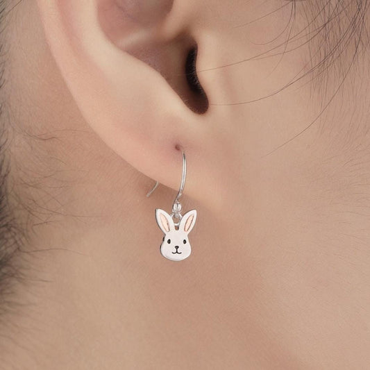 Bunny Head Drop Hook Earrings in Sterling Silver with Partial Rose Gold Coating, Sterling Silver Rabbit Earrings, Nature Inspired