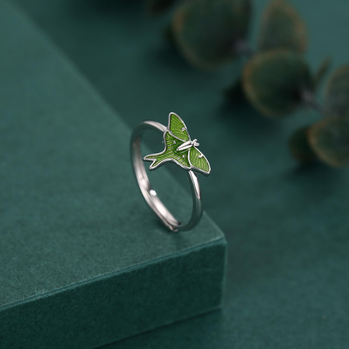 Sterling Silver Green Enamel Lunar Moth Ring