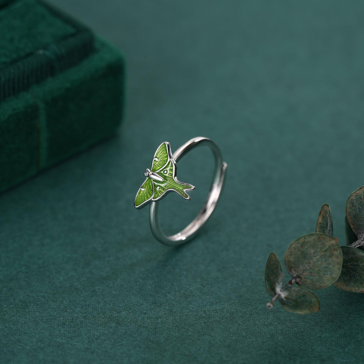 Sterling Silver Green Enamel Lunar Moth Ring