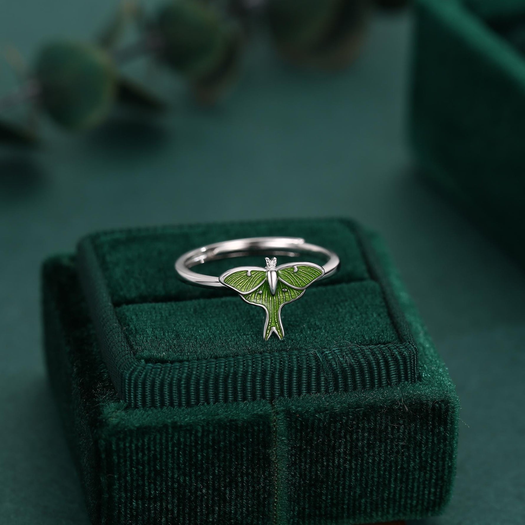 Sterling Silver Green Enamel Lunar Moth Ring