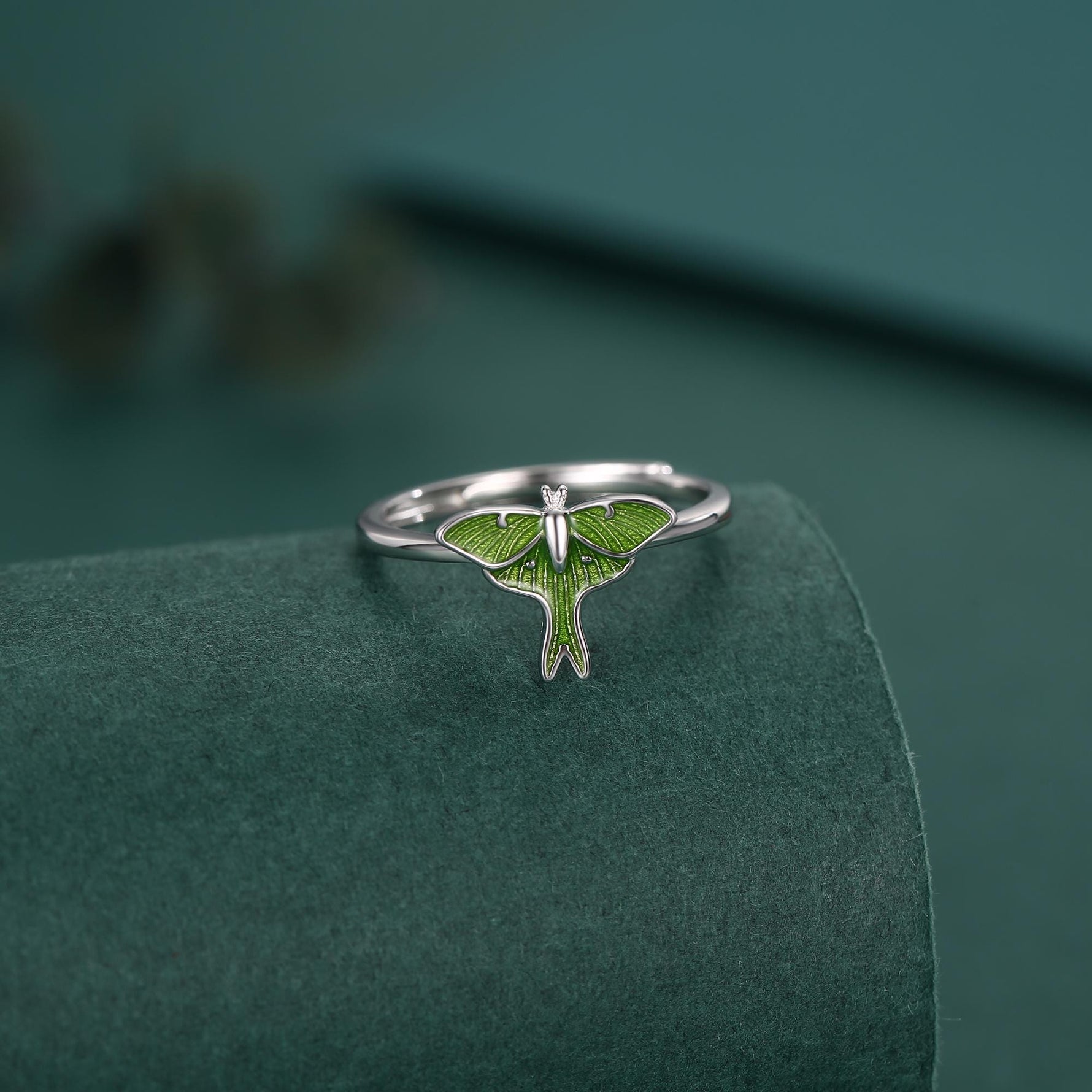 Sterling Silver Green Enamel Lunar Moth Ring