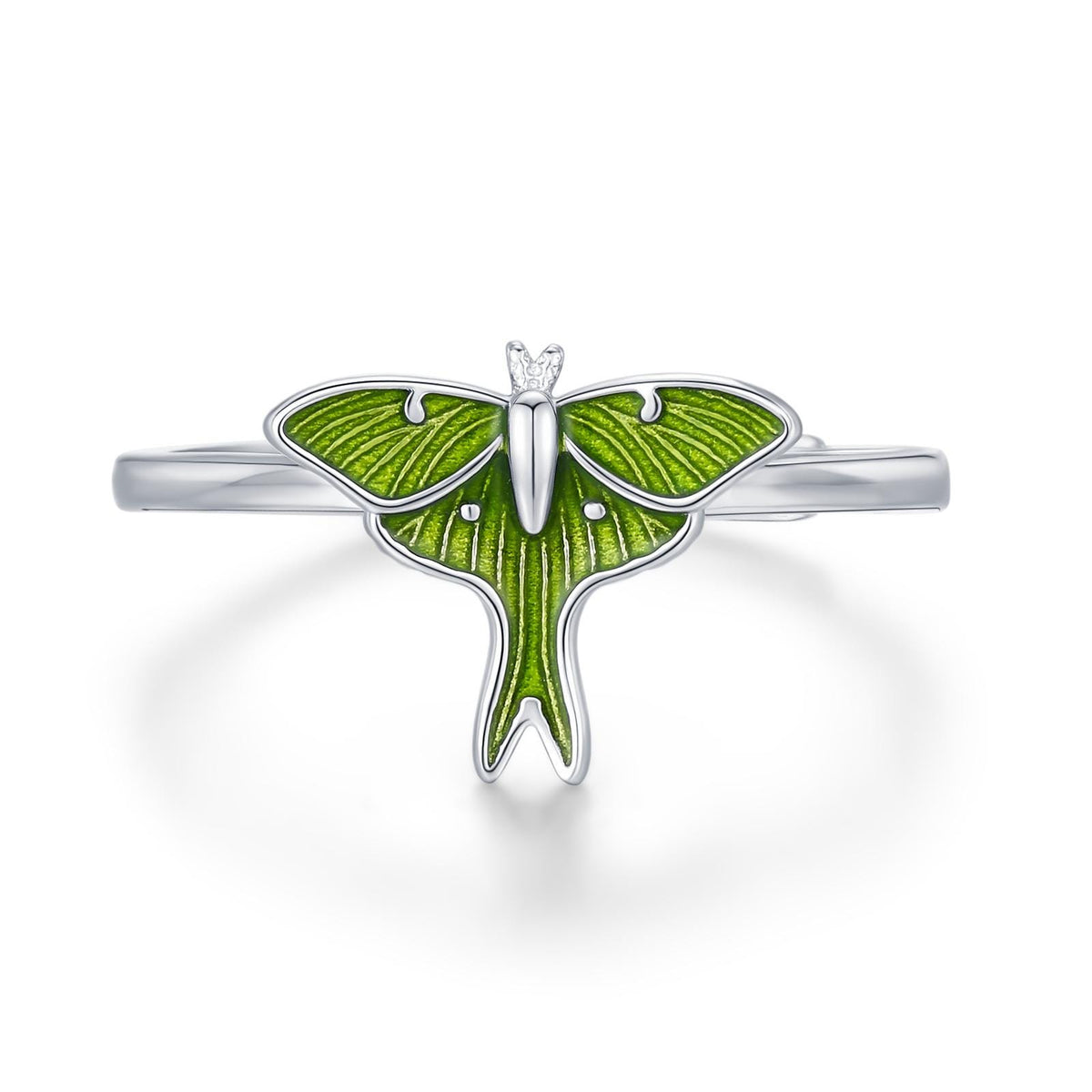 Sterling Silver Green Enamel Lunar Moth Ring