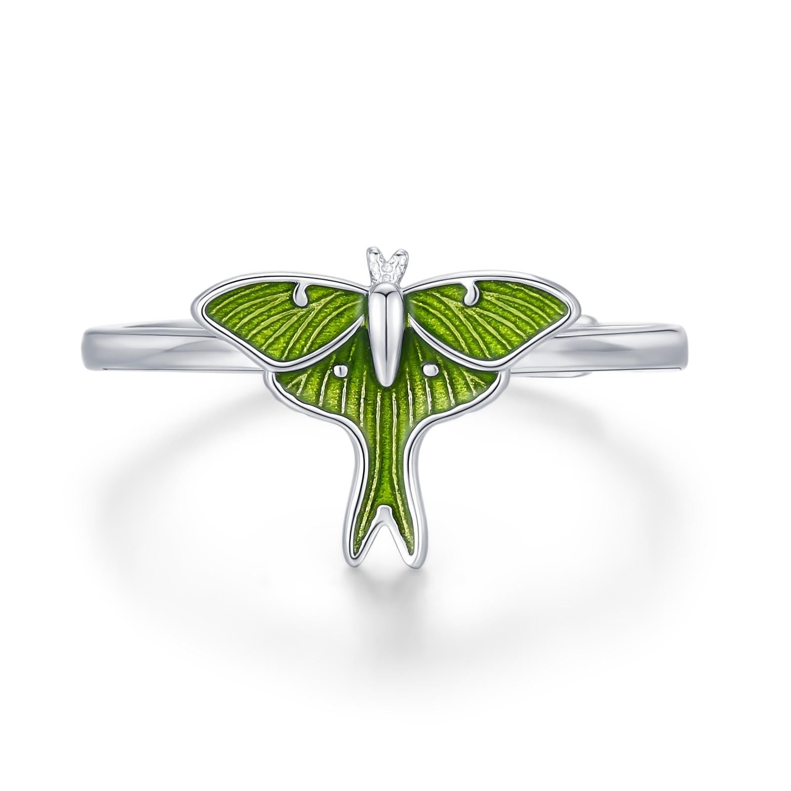 Sterling Silver Green Enamel Lunar Moth Ring