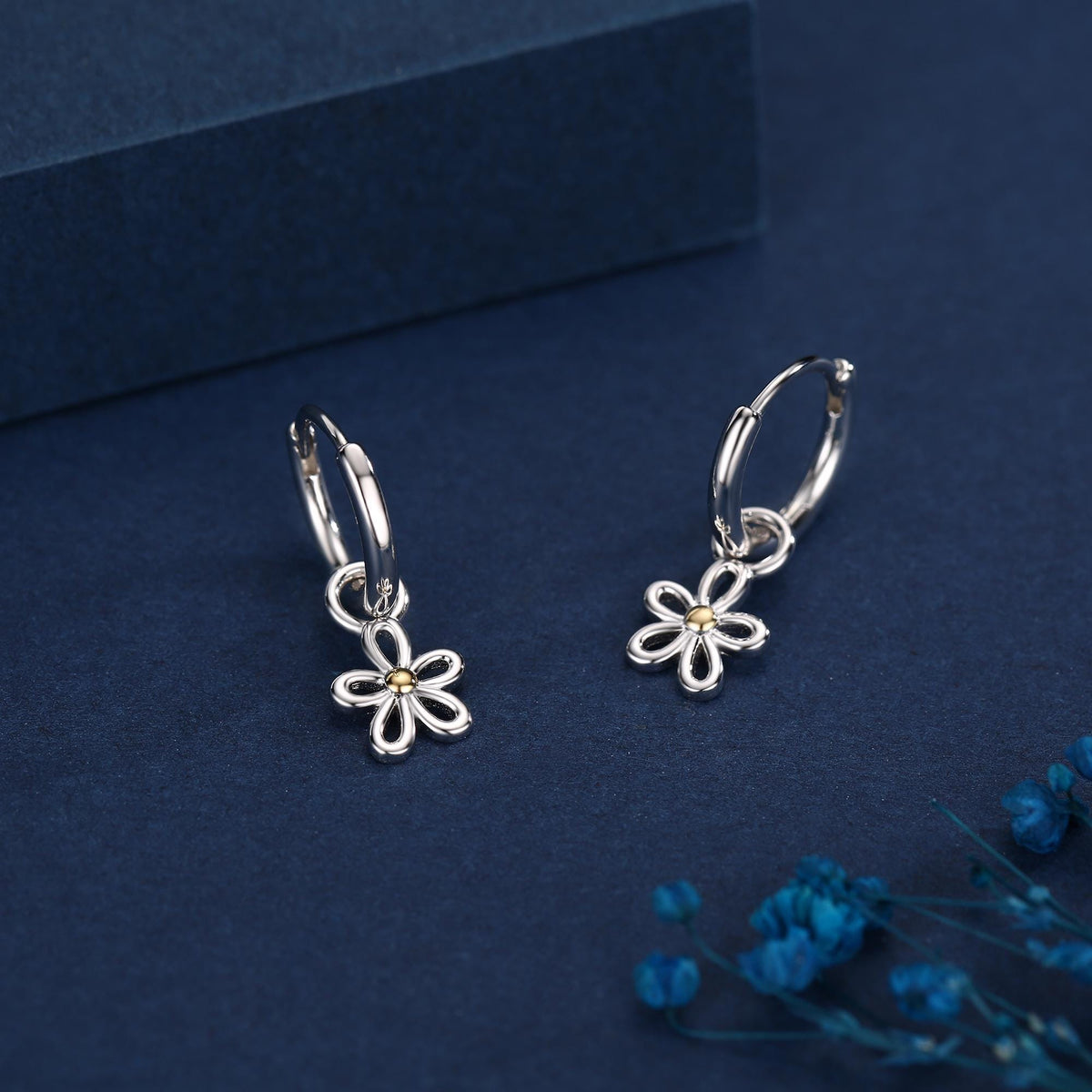 Sterling Silver Daisy Flower Charm Hoop Earrings