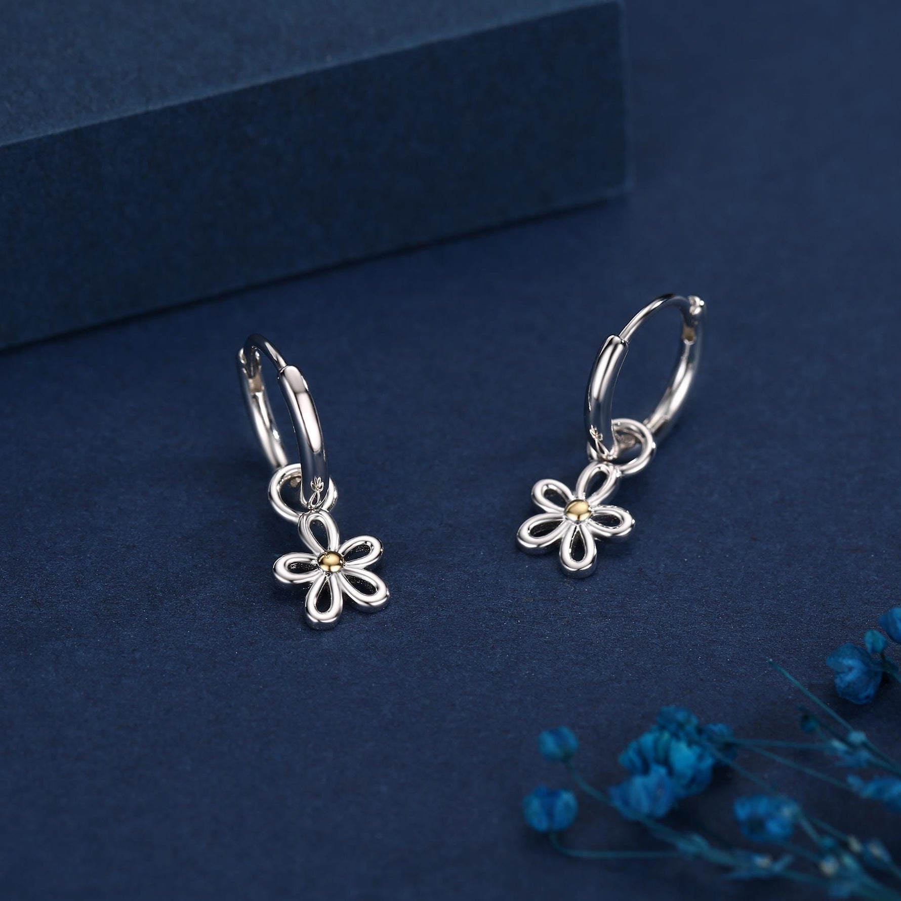 Sterling Silver Daisy Flower Charm Hoop Earrings