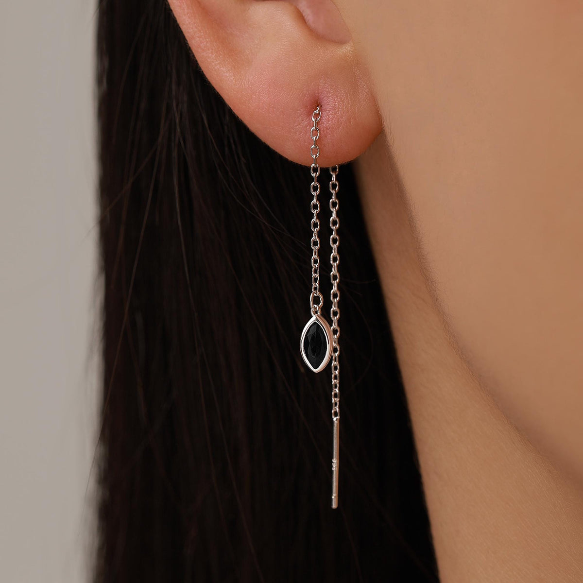 Tiny Black Marquise CZ Threader Earrings in Sterling Silver, Silver or Gold, Marquise Cut CZ Ear Threaders, Sparkly Threaders