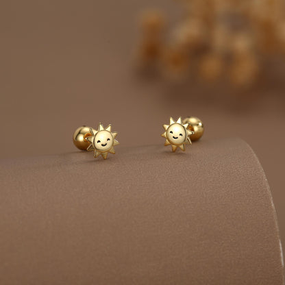 Sterling Silver Cute Sun 18G Screw Back Stud Earrings with Ball Backs