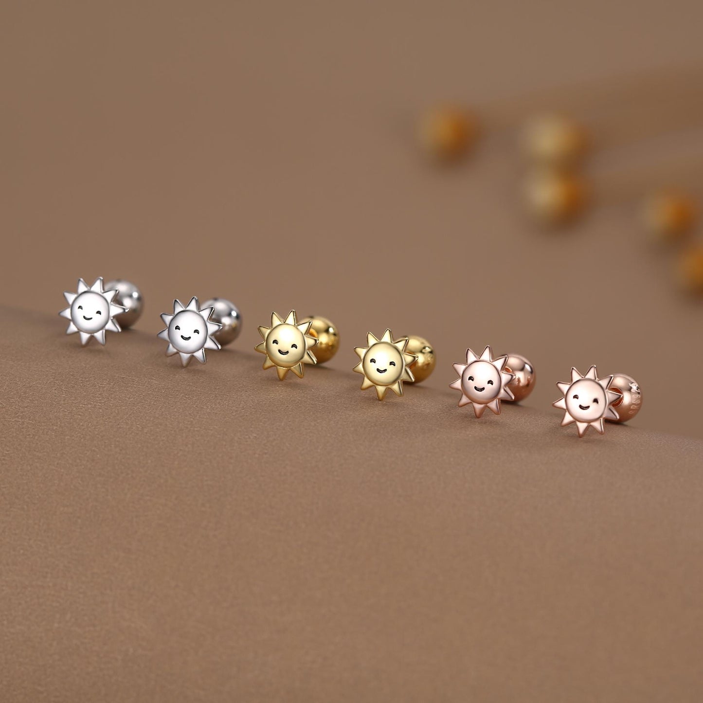 Sterling Silver Cute Sun 18G Screw Back Stud Earrings with Ball Backs