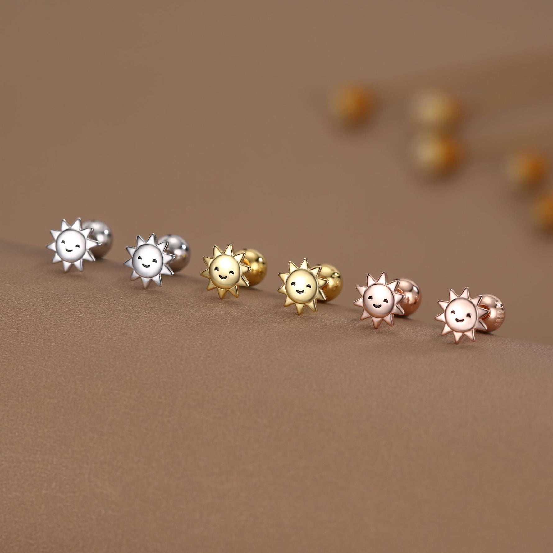 Sterling Silver Cute Sun 18G Screw Back Stud Earrings with Ball Backs