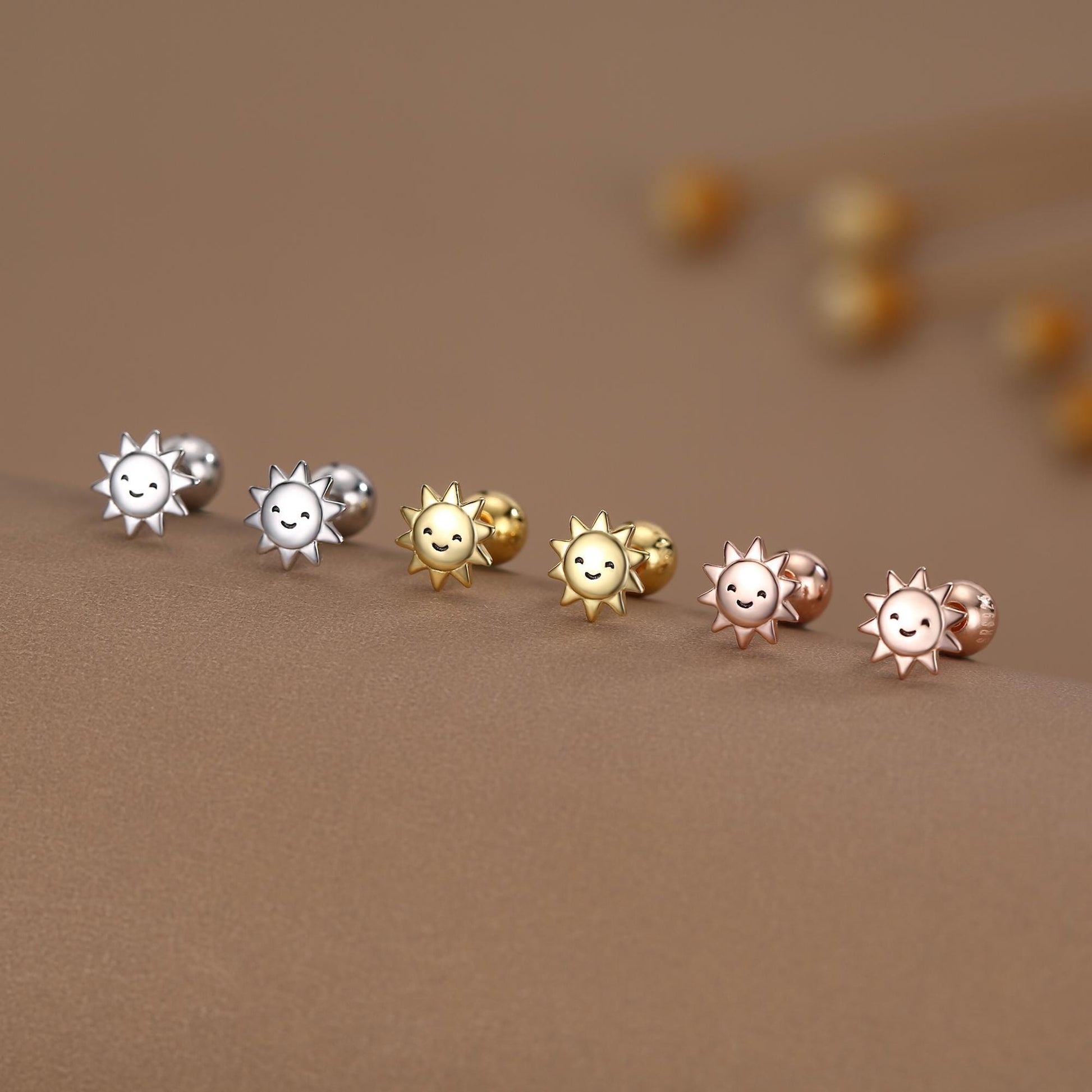 Sterling Silver Cute Sun 18G Screw Back Stud Earrings with Ball Backs