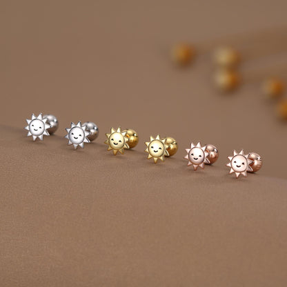 Sterling Silver Cute Sun 18G Screw Back Stud Earrings with Ball Backs