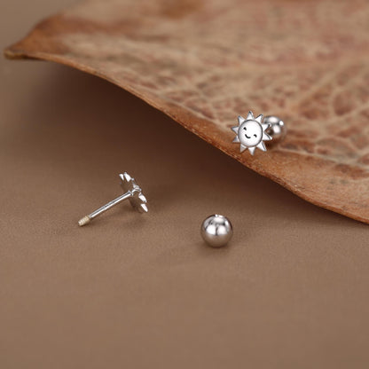 Sterling Silver Cute Sun 18G Screw Back Stud Earrings with Ball Backs