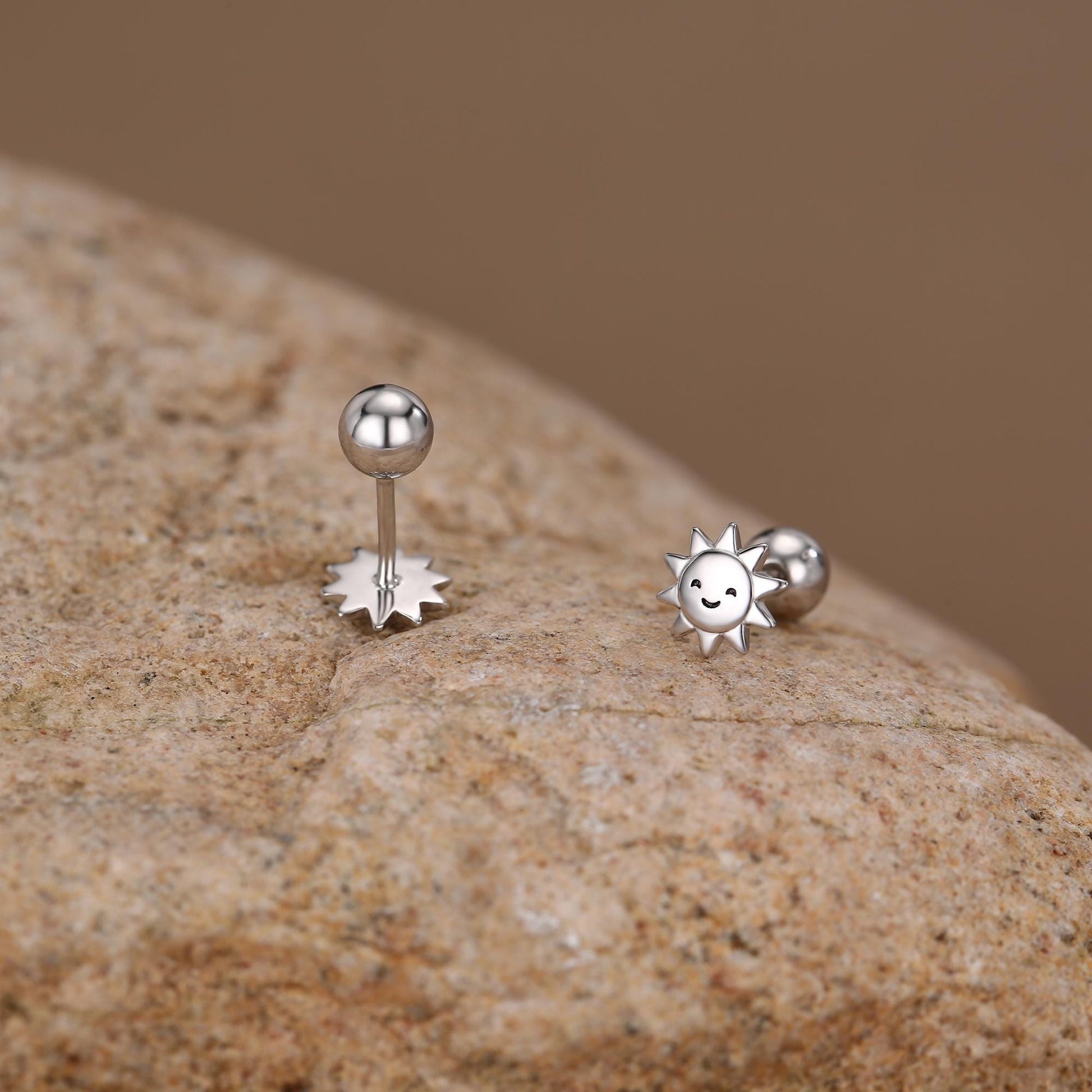 Sterling Silver Cute Sun 18G Screw Back Stud Earrings with Ball Backs