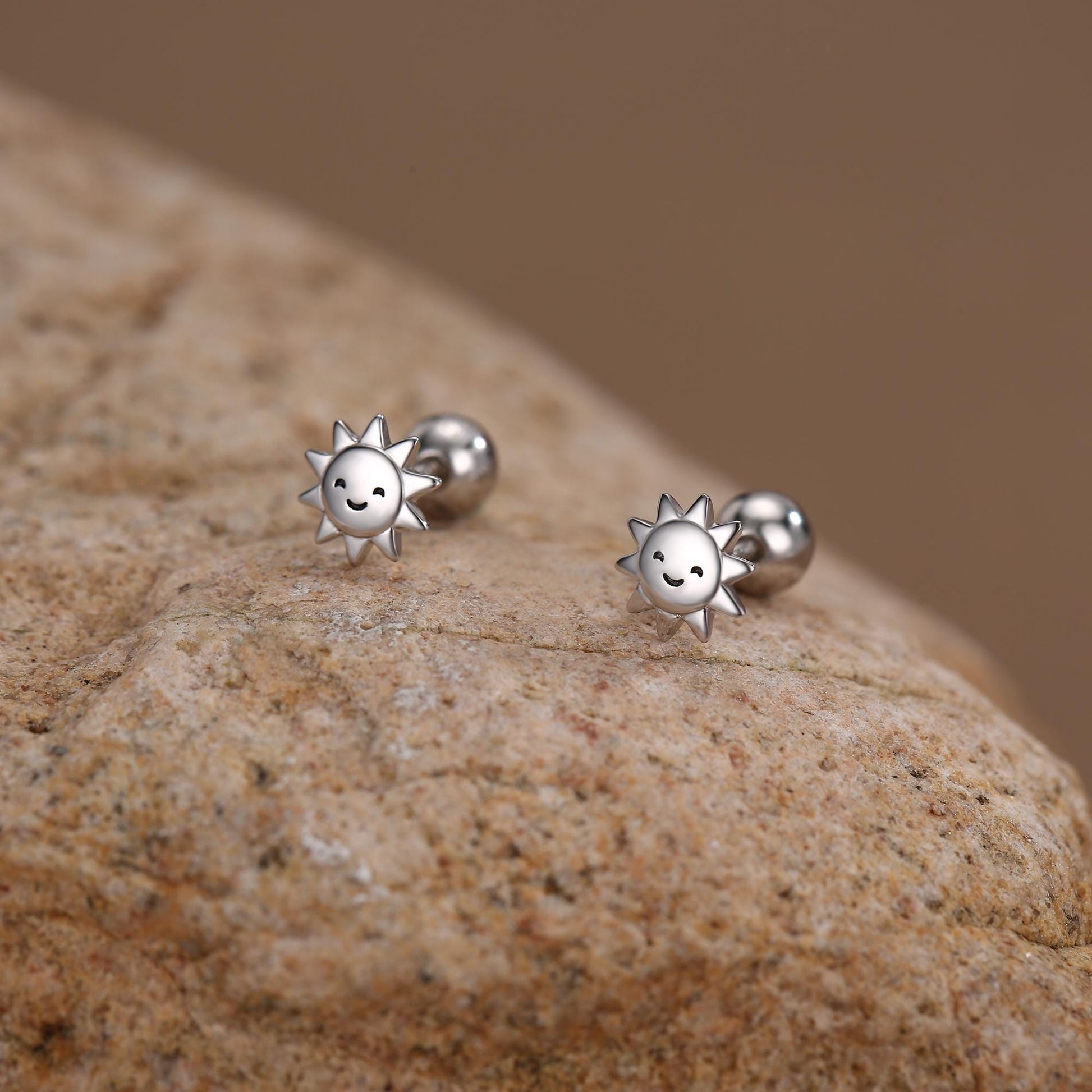 Sterling Silver Cute Sun 18G Screw Back Stud Earrings with Ball Backs