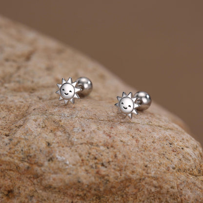 Sterling Silver Cute Sun 18G Screw Back Stud Earrings with Ball Backs
