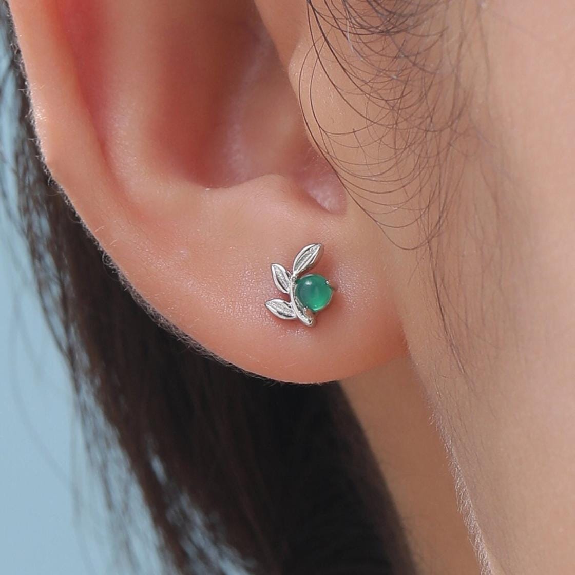 Tiny Leaf with Natural Green Onyx Stud Earrings in Sterling Silver, Silver, Gold or Rose Gold, Small Olive Leaf Stud, Leaf Earrings