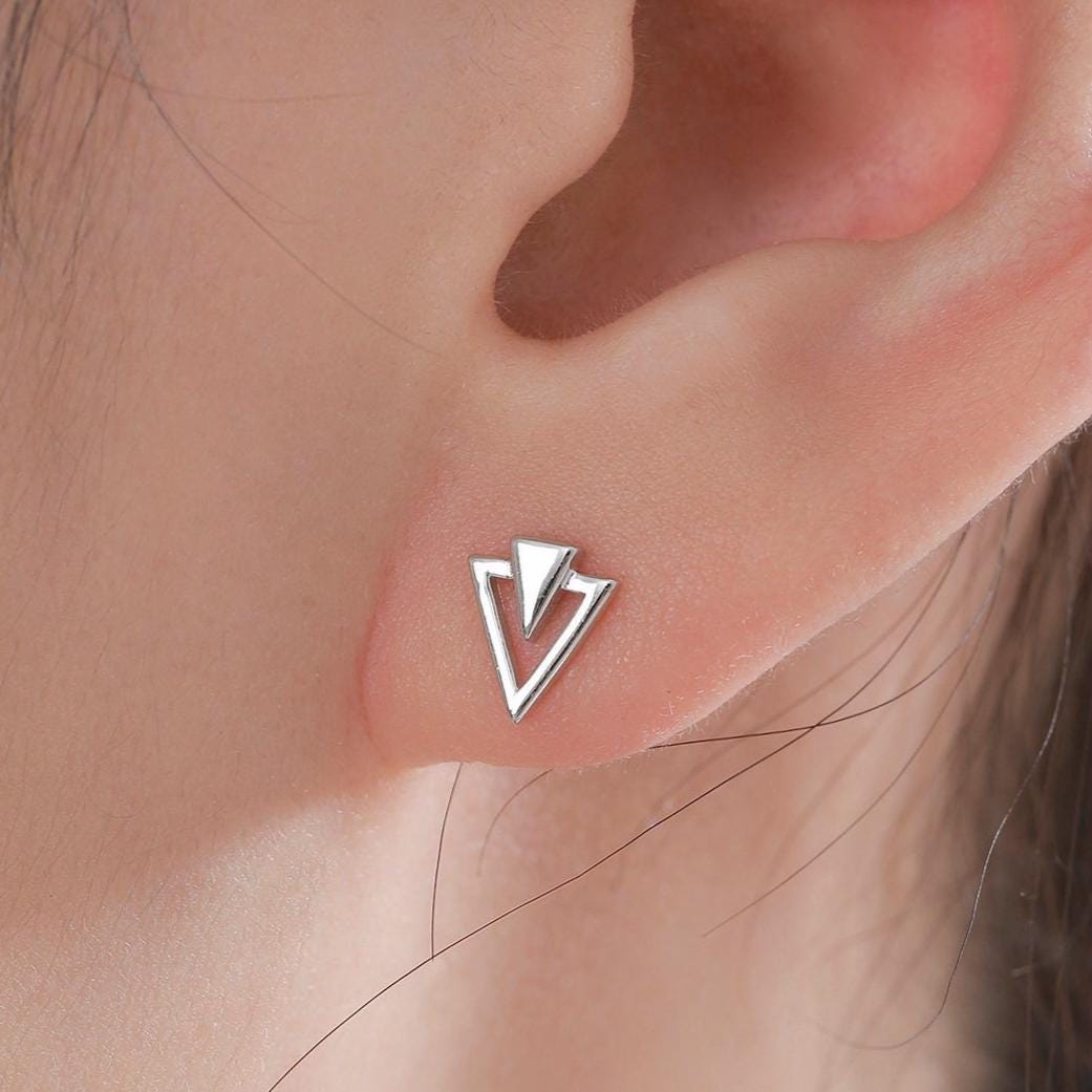 Art Deco Style Tiny Double Triangle Stud Earrings in Sterling Silver, Silver or Gold or Rose Gold, Cut Out Triangle Jacket Earrings