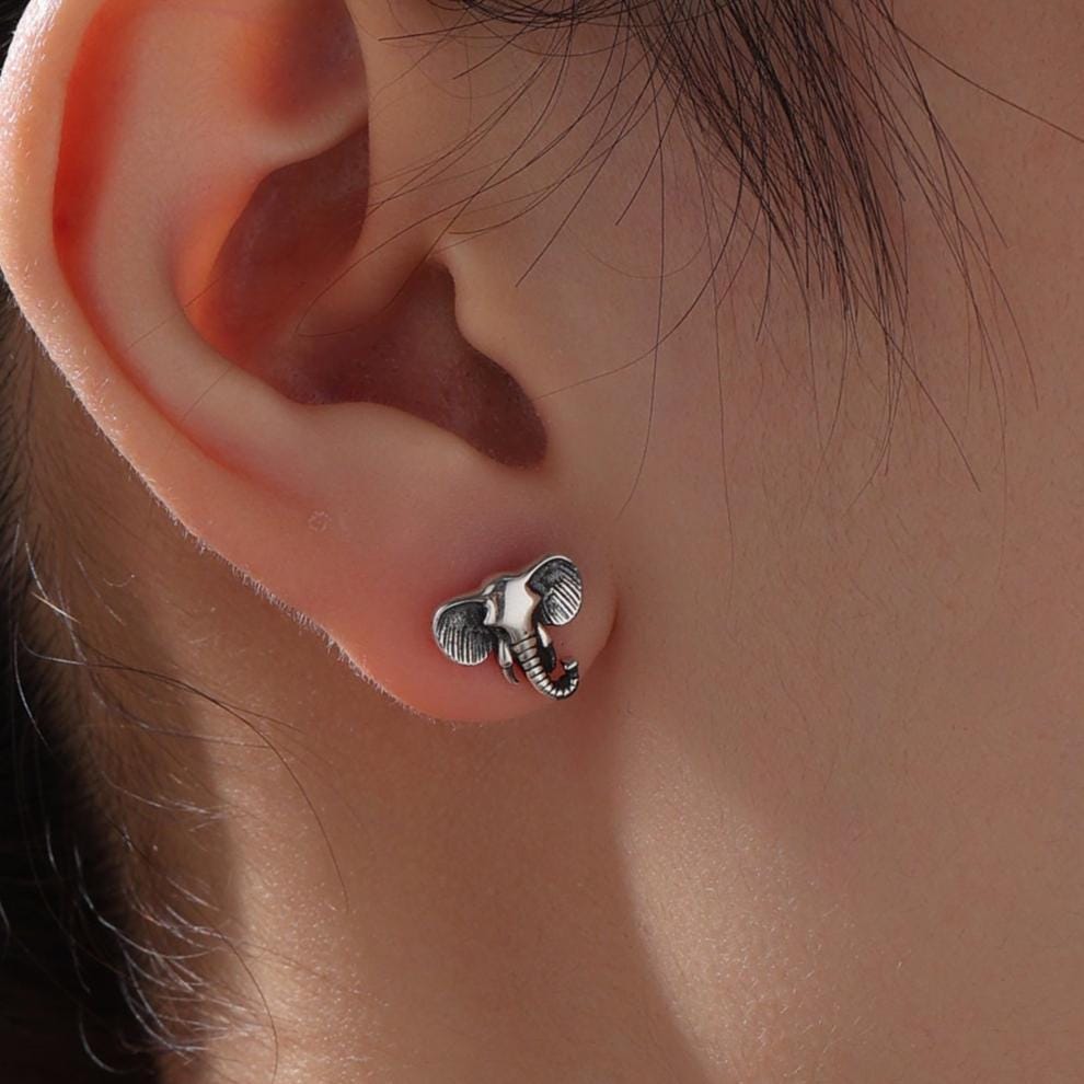 Cute Elephant Stud Earrings in Sterling Silver, Oxidised Finish, Cute Dainty Animal Stud, Elephant Earrings, Elephant Head Earrings