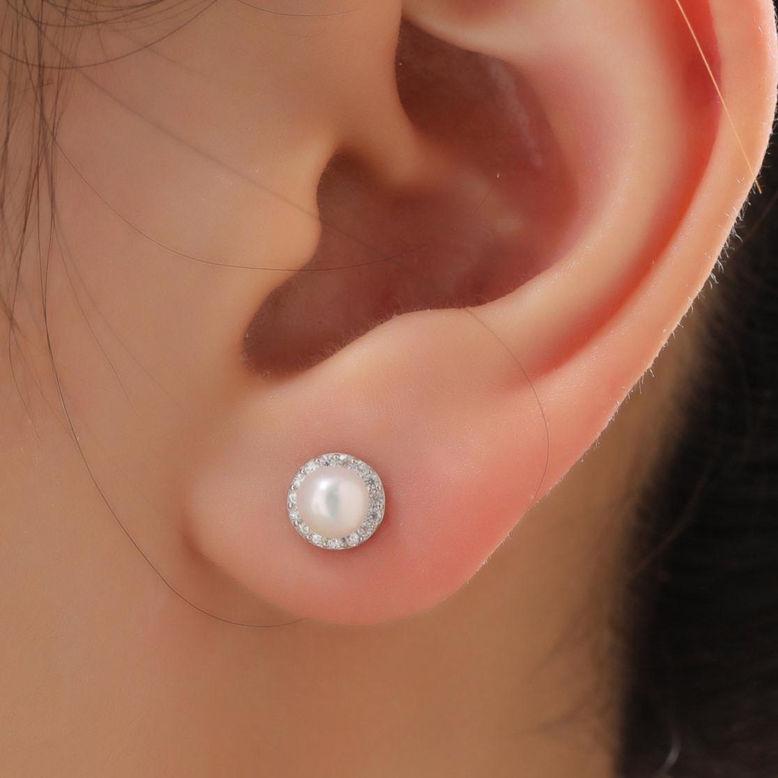 Genuine Freshwater Pearl CZ Stud Earrings in Sterling Silver, Delicate Keshi Pearl Halo CZ Earrings, Genuine Freshwater Pearls.