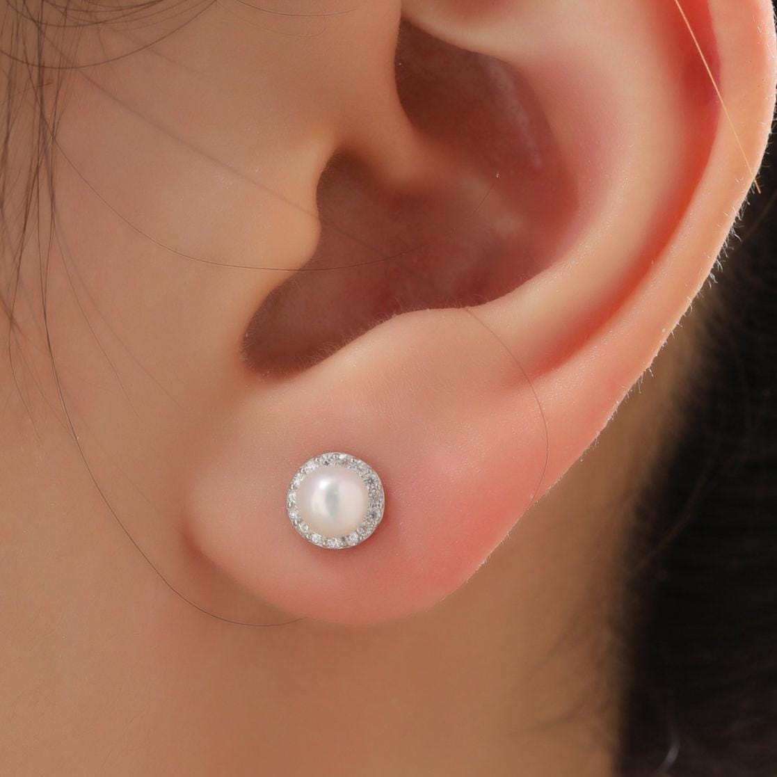 Freshwater Keshi Pearl Halo CZ Stud Earrings
