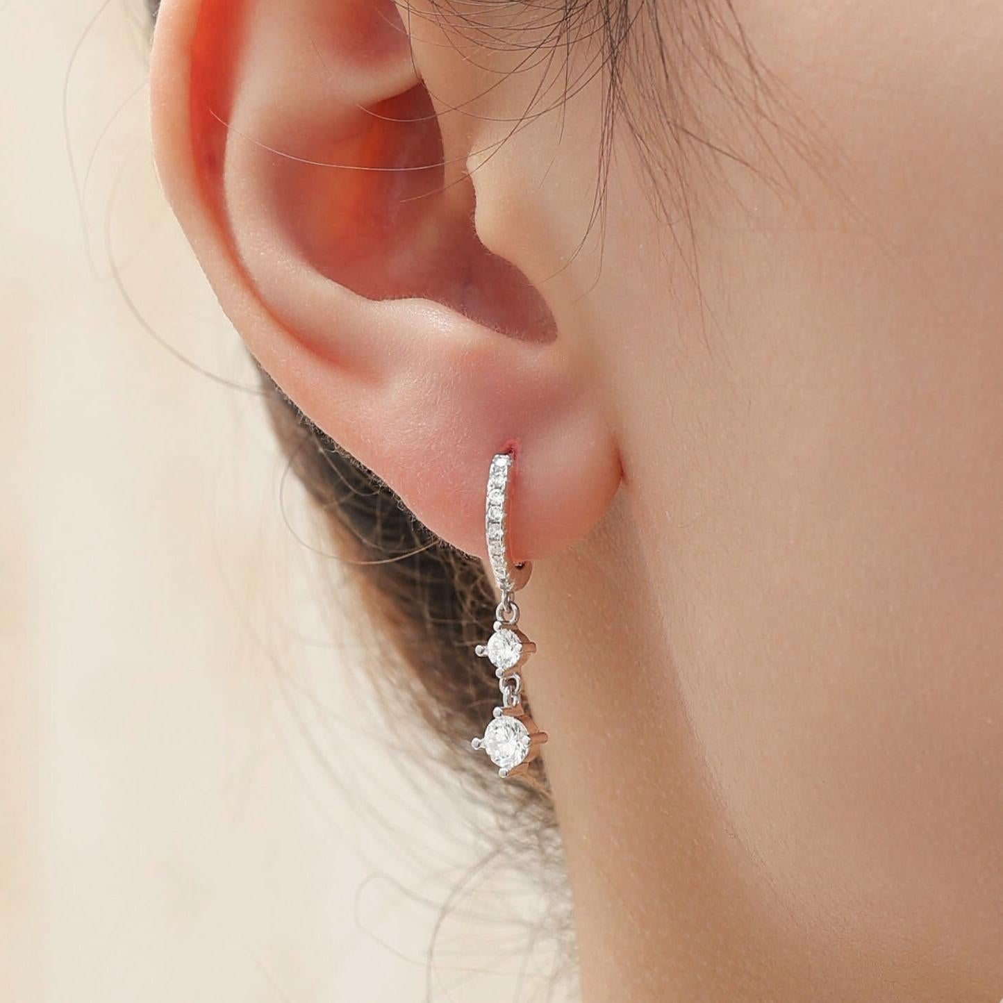 Double CZ Dangle Huggie Hoop in Sterling Silver, Silver or Gold or Rose Gold, Skinny CZ Dangle Earrings, Two CZ Hoop Earrings