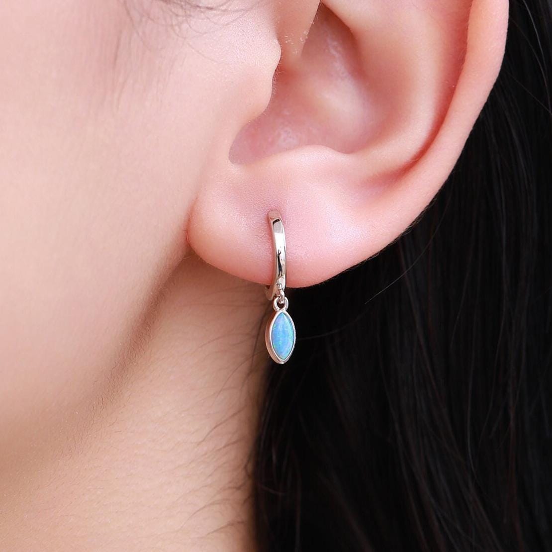Marquise Opal Huggie Hoops in Sterling Silver, 8mm Opal Hoops, Blue Opal or White Opal, Silver or Gold, Fire Opal Earring