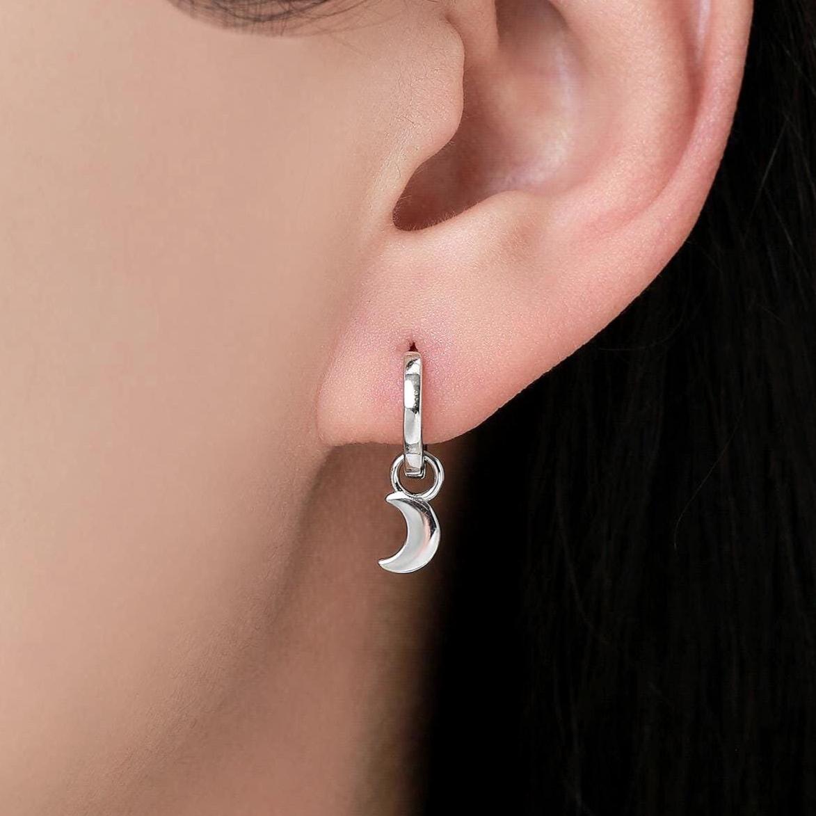 Crescent Moon Charm Huggie Hoop Earrings in Sterling Silver, Detachable Charm Hoops, Celestial Earrings, Silver, Gold and Rose Gold