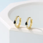 Tiny CZ Huggie Hoop Earrings in Sterling Silver with Black Pear CZ, Silver or Gold, Droplet CZ Hoops
