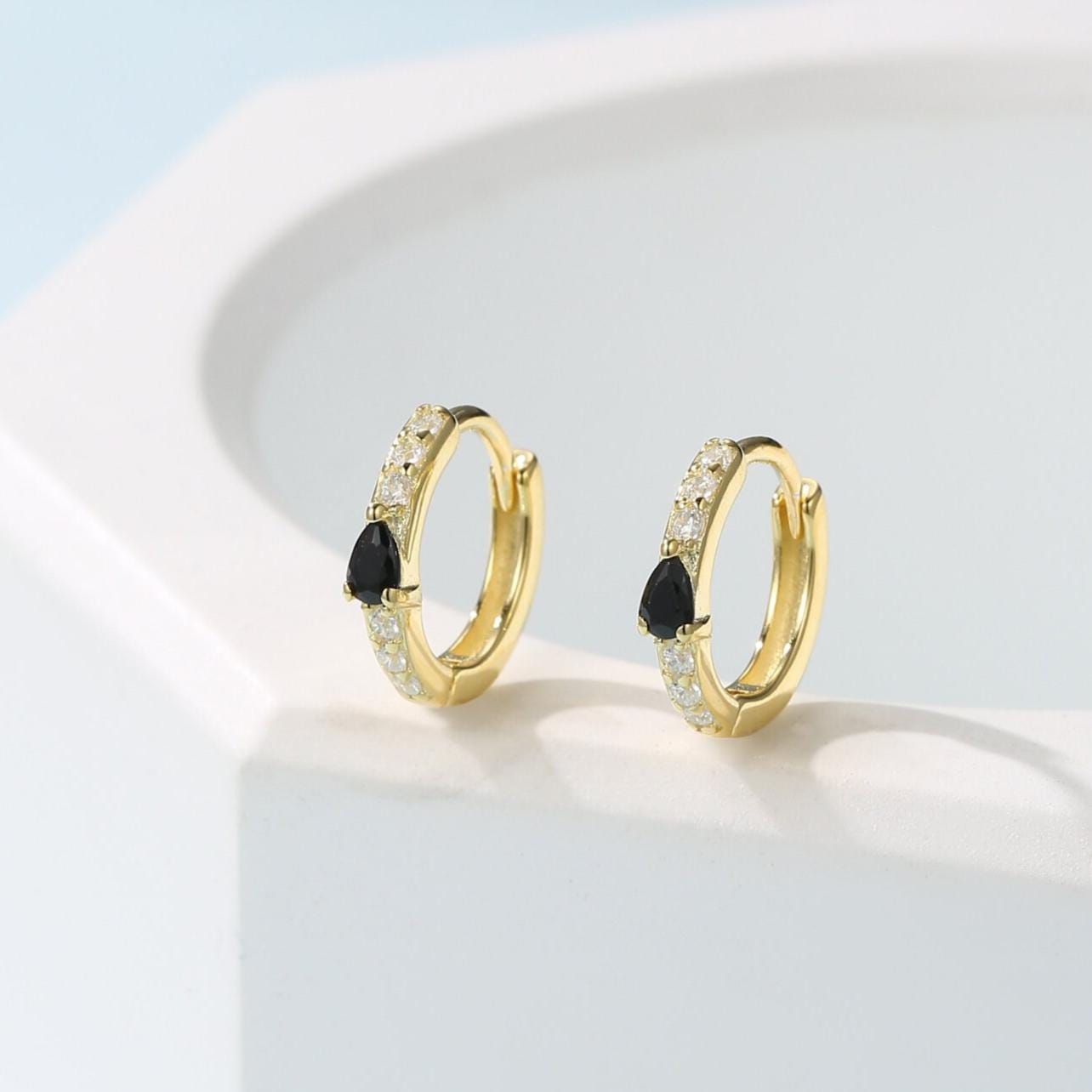 Tiny CZ Huggie Hoop Earrings in Sterling Silver with Black Pear CZ, Silver or Gold, Droplet CZ Hoops