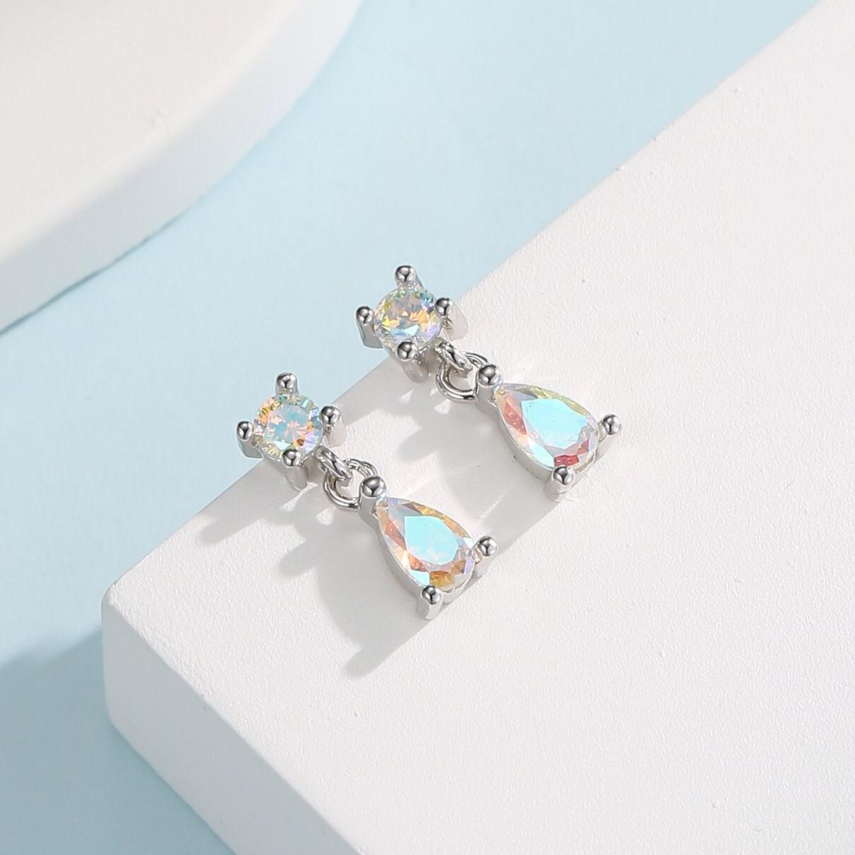 Tiny Aurora CZ Dangle Stud Earrings in Sterling Silver with Round and Droplet CZ, Silver or Gold, Two CZ Prong Set Earrings, Colour Changing