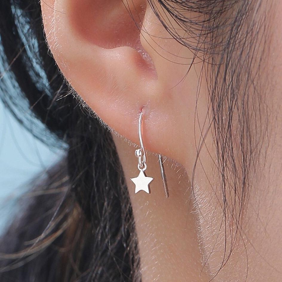 Extra Tiny Star Dangle Drop Hook Earrings in Sterling Silver, Silver or Gold or Rose Gold, Tiny Star Dangle Earrings