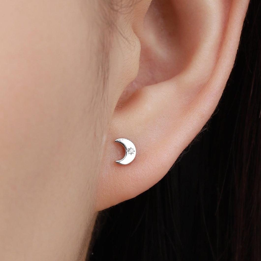 Tiny Moon with Starburst Stud Earrings in Sterling Silver, Silver, Gold or Rose Gold, Small Moon Earrings, Celestial Jewellery