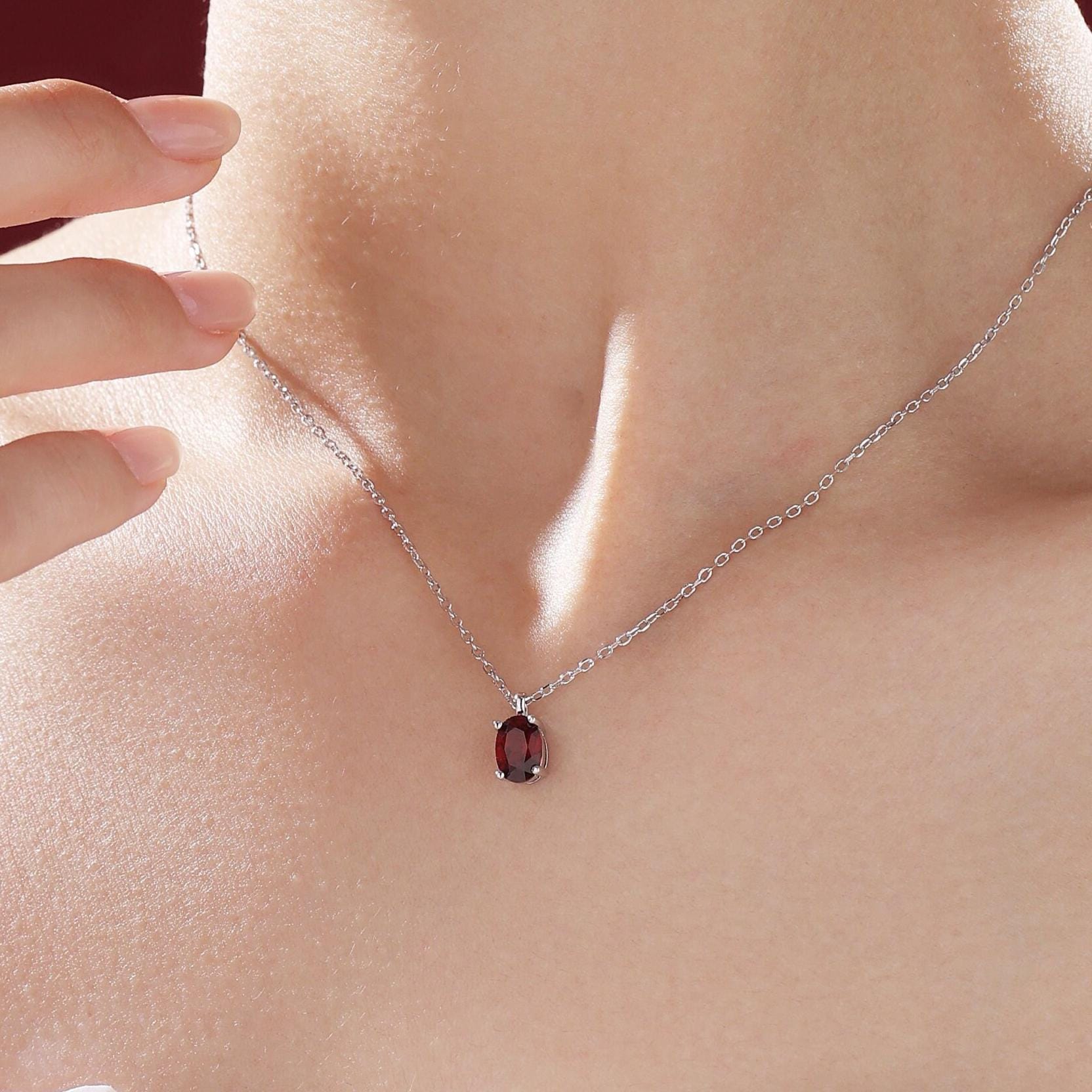 Tiny Genuine Garnet Crystal Oval Pendant Necklace in Sterling Silver, 5x7mm Tiny Oval Garnet Necklace, January Birthstone