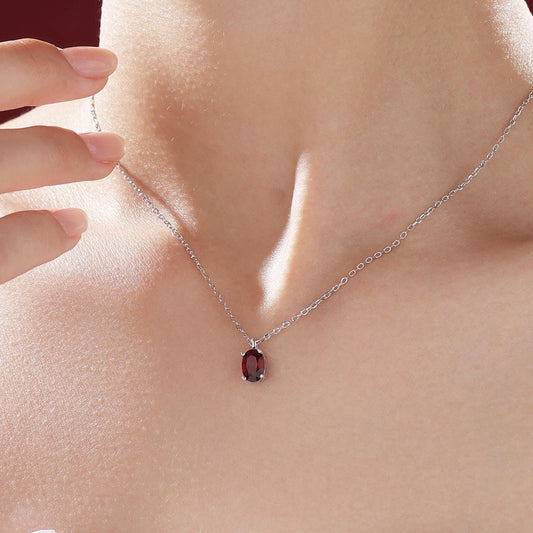 Tiny Genuine Garnet Crystal Oval Pendant Necklace in Sterling Silver, 5x7mm Tiny Oval Garnet Necklace, January Birthstone