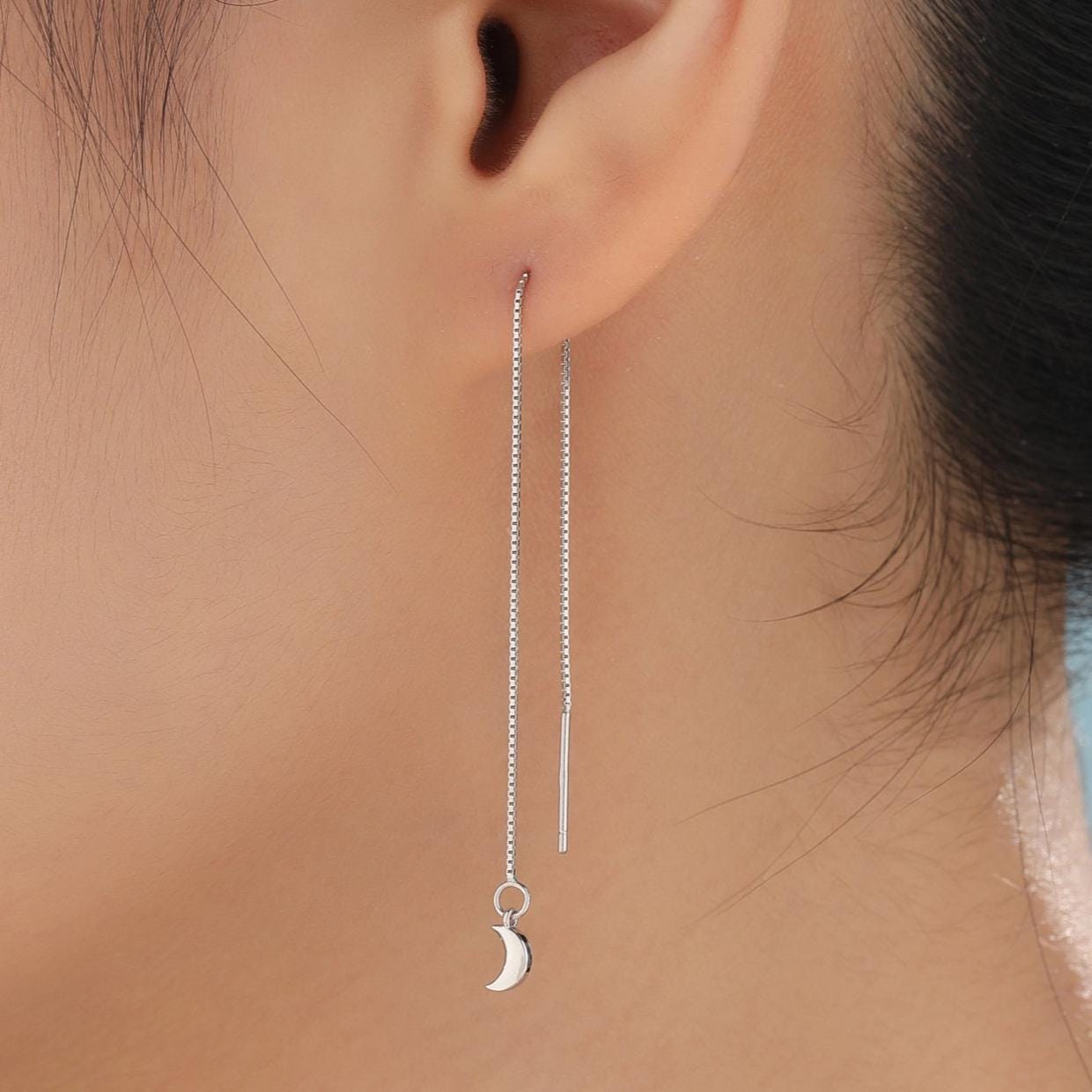 Moon and Star Threader Earrings in Sterling Silver, Silver or Gold, Crescent Moon Ear Threaders, 10cm long threaders, Double Piecing