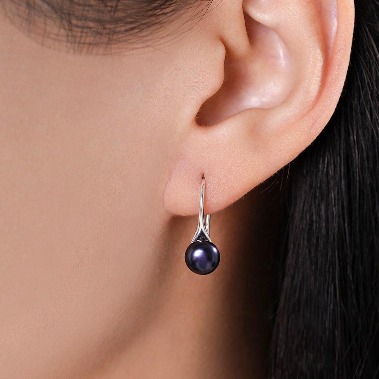 Genuine Black Freshwater Pearl Hook Earrings in Sterling Silver, Natural Freshwater Pearls, Silver or Gold, Natural Black Button Pearl