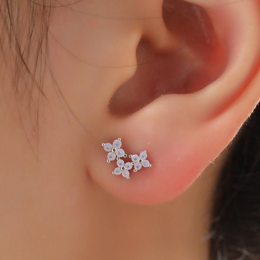 Asymmetric Hydrangea Flower Bouquet CZ Stud Earrings in Sterling Silver, Silver, Gold or Rose Gold, Mismatched Opal Pink Flower Earrings