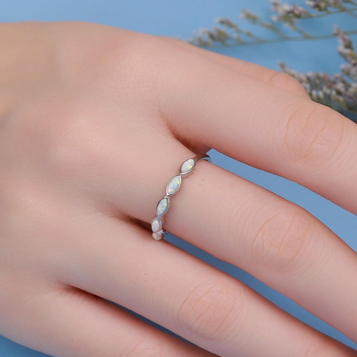 Fire Opal Marquise Ring in Sterling Silver, US 5 - 8, Opal Cluster Ring, Silver Opal Ring, Lab Opal Stone Ring, White Opal Ring