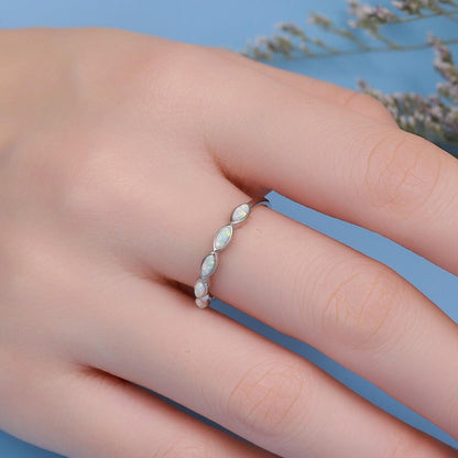 Fire Opal Marquise Ring in Sterling Silver, US 5 - 8, Opal Cluster Ring, Silver Opal Ring, Lab Opal Stone Ring, White Opal Ring
