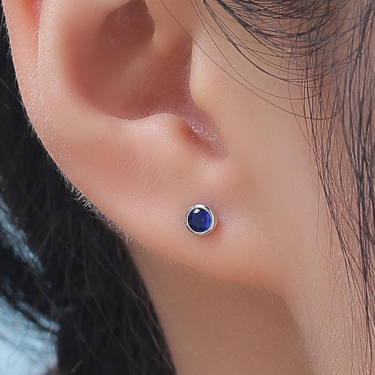 Sapphire Blue CZ Bezel Internally Threaded Flat Back Earrings in Sterling Silver, Silver or Gold