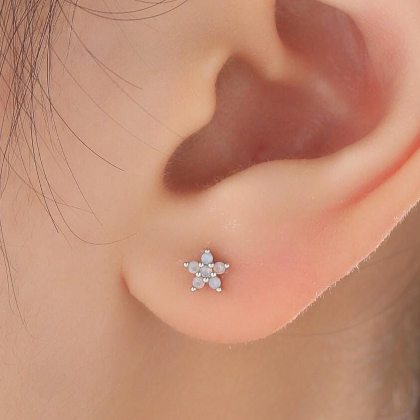 Tiny Opal Blue Forget-me-not CZ Stud Earrings in Sterling Silver, Silver or Gold or Rose Gold, CZ Flower Stud Earrings