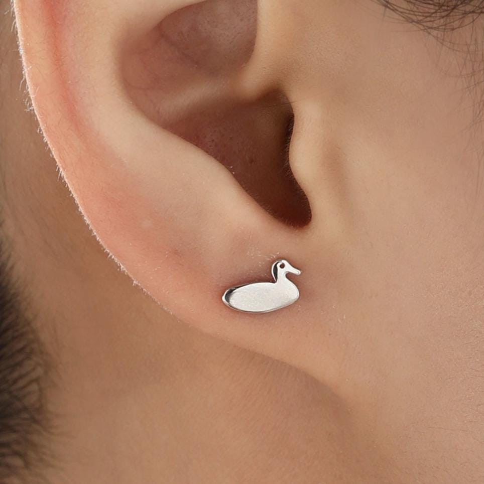 Swimming Duck Stud Earrings in Sterling Silver, Silver or Gold or Rose Gold, Duck Earrings, Bird Earrings, Nature Inspired Animal Earrings