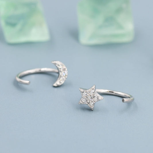 Asymmetric Tiny Moon and Star CZ Huggie Hoop Earrings in Sterling Silver, Silver, Gold or Rose Gold, Open Threader, Threader Hoop