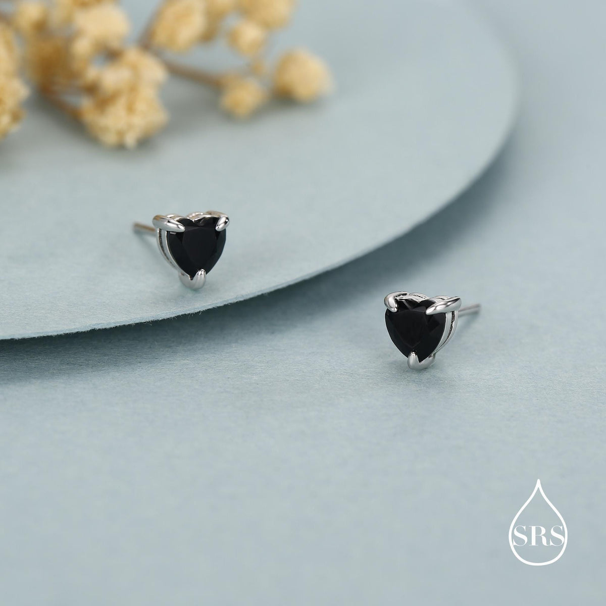 Sterling Silver Black Onyx Heart Stud Earrings