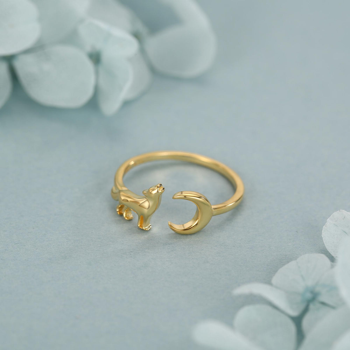 Howling Wolf and Moon Open Ring
