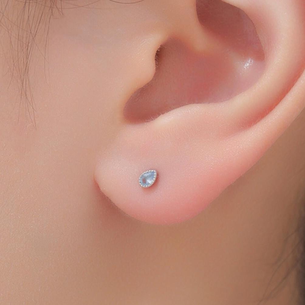 Tiny Droplet CZ Stud Earrings in Sterling Silver, Silver or Gold, Pear Cut CZ Stud Extra Tiny Dotted Bezel Vintage Inspired