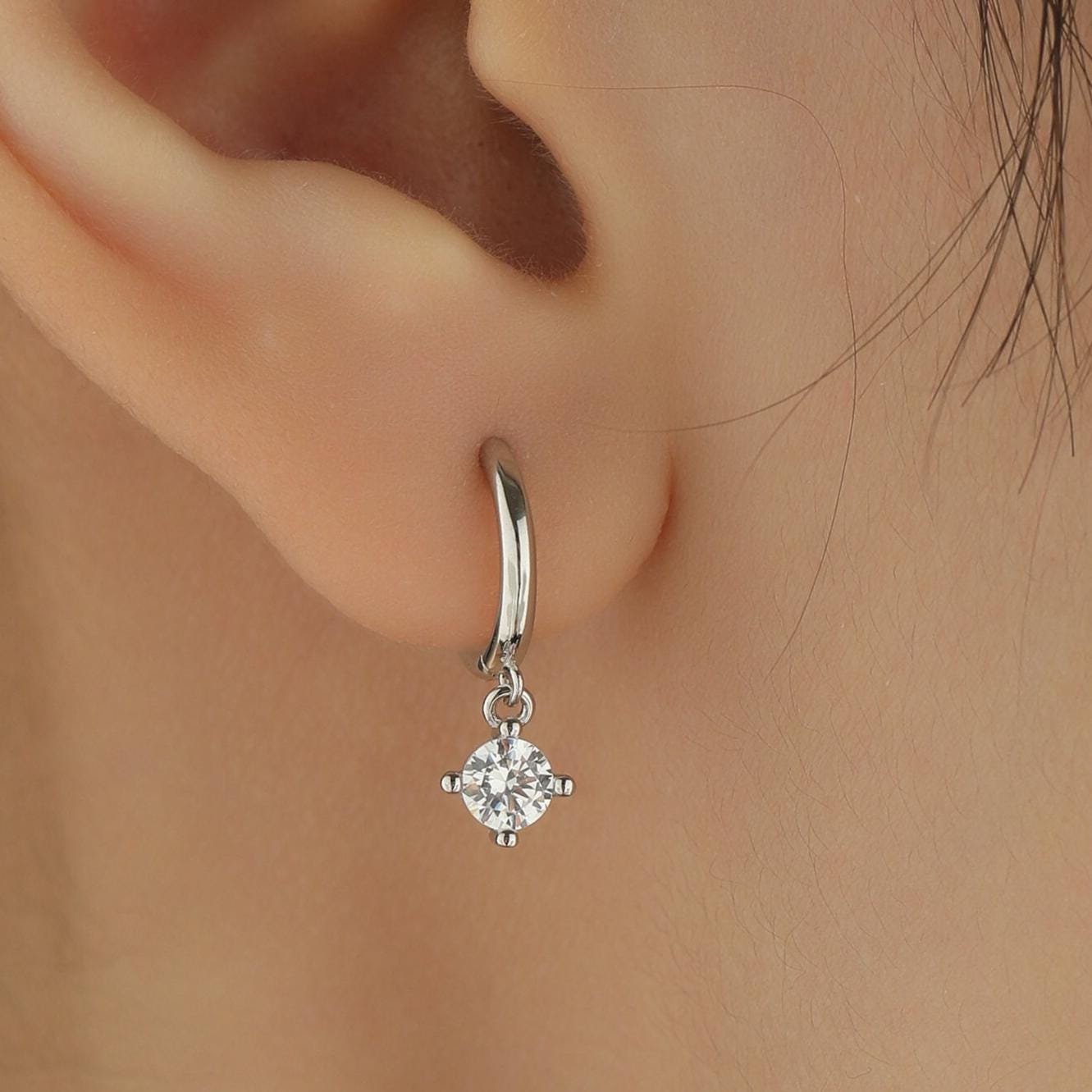 Tiny CZ Huggie Hoop in Sterling Silver, Silver or Gold or Rose Gold, Minimalist Simple Hoop Earrings, 4mm CZ Hoops