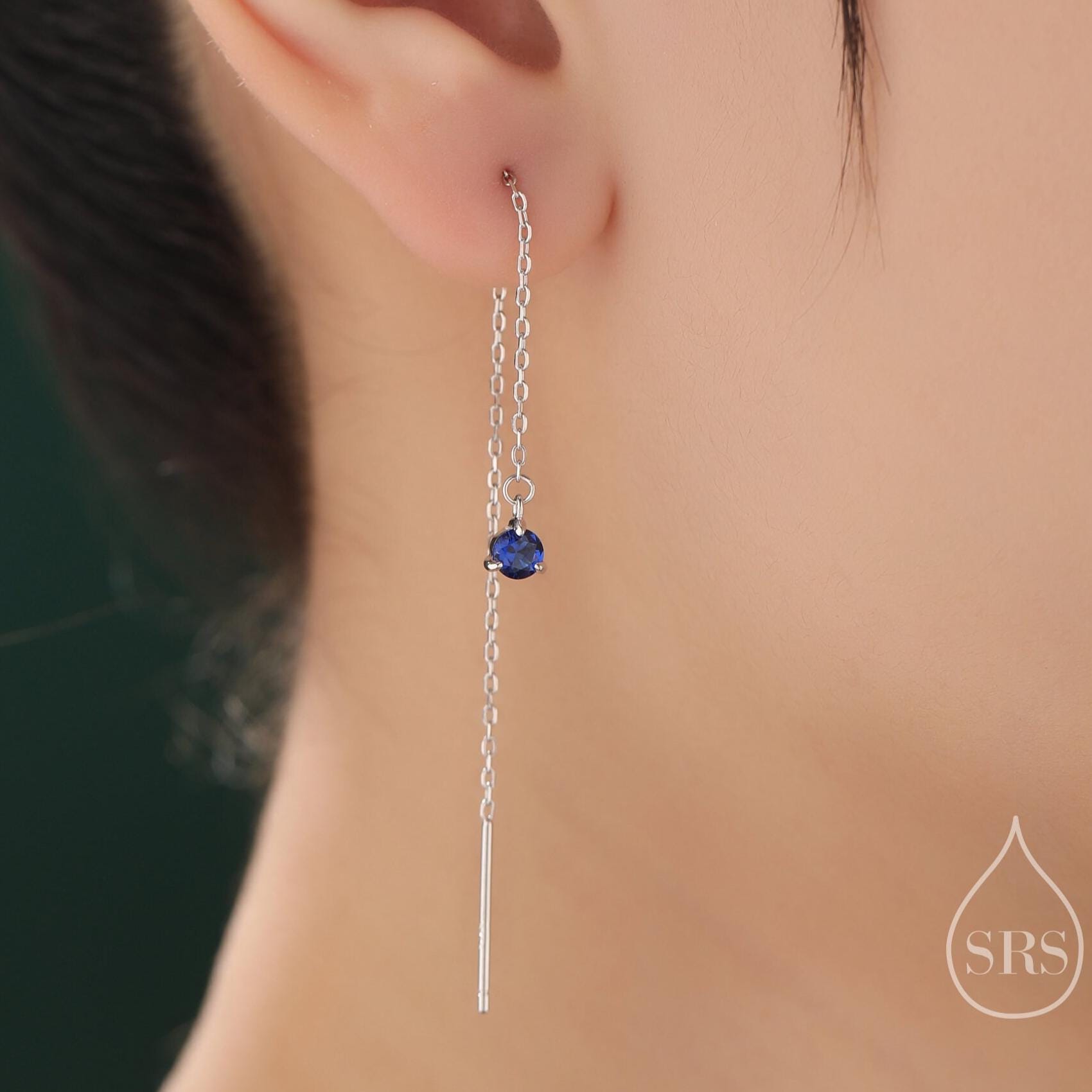 4mm Sapphire Blue CZ Threader Earrings in Sterling Silver, Silver or Gold or Rose Gold, Tiny Dot Crystal Ear Threaders, Prong Set CZ Earring
