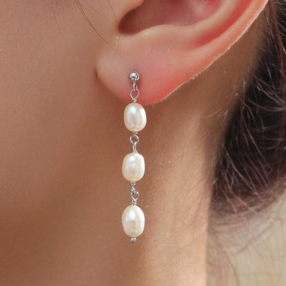 Genuine Freshwater Pearl Trio Drop Earrings in Sterling Silver, Delicate Oval Pearl Cascade Dangle Earrings, Silver or Gold